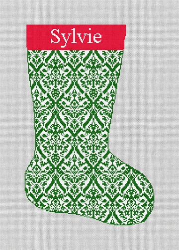 Green Damask Needlepoint Stocking Kit Stitched Preview