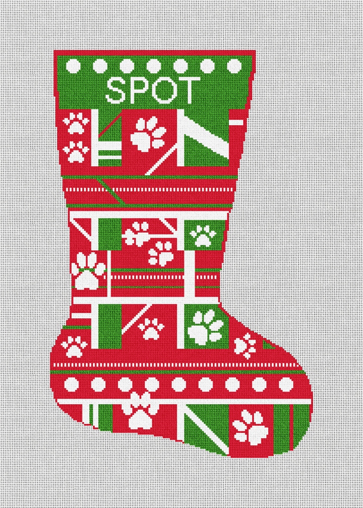 Green Paw Print Needlepoint Stocking Kit Stitched Preview