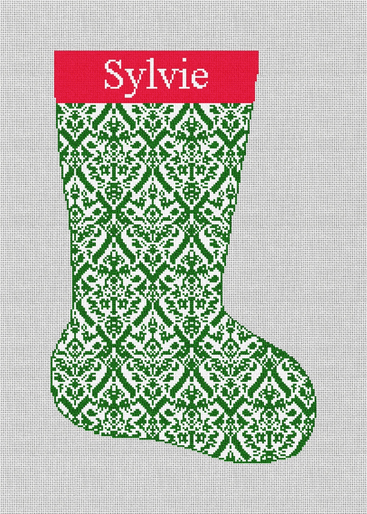 Green Damask Needlepoint Stocking Kit Stitched Preview