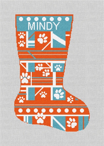 Orange Paw Print Needlepoint Stocking Kit Stitched Preview