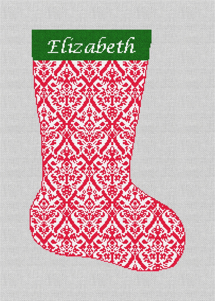 Red Damask Needlepoint Stocking Kit Stitched Preview