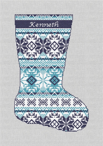 Fair Isle Blues Needlepoint Stocking Kit Stitched Preview
