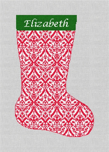 Red Damask Needlepoint Stocking Kit Stitched Preview