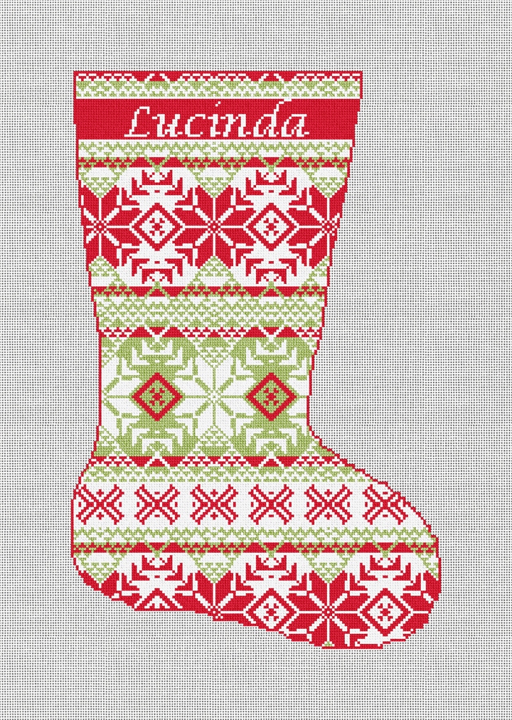 Fair Isle Red Green Needlepoint Stocking Kit Stitched Preview