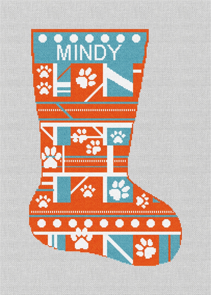 Orange Paw Print Needlepoint Stocking Kit Stitched Preview
