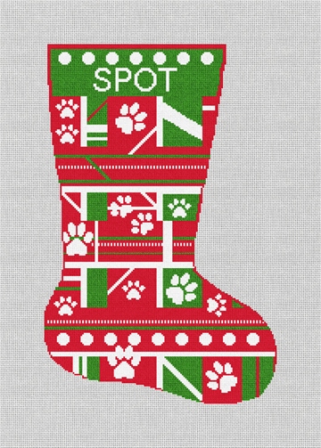 Green Paw Print Needlepoint Stocking Kit Stitched Preview
