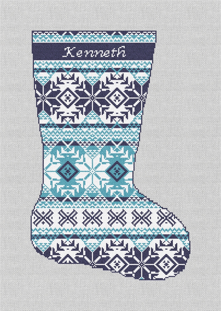 Fair Isle Blues Needlepoint Stocking Kit Stitched Preview