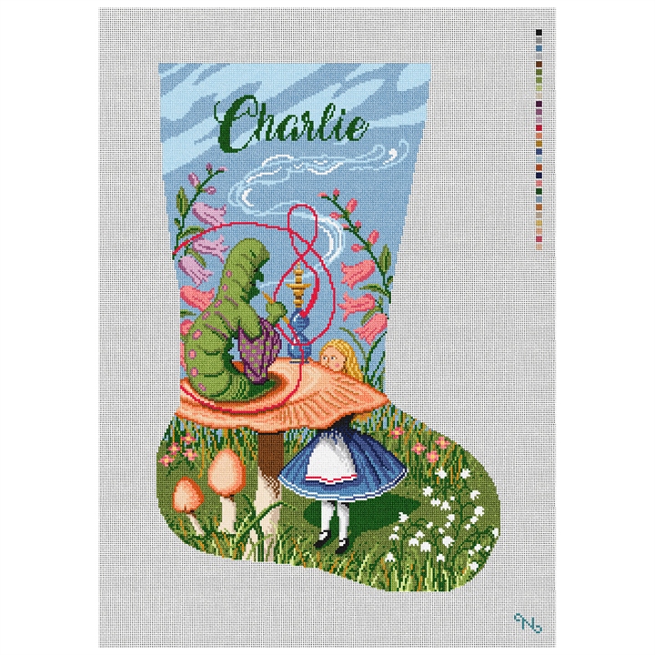 Alice's Caterpillar Stocking Needlepoint Kit Stitched Preview