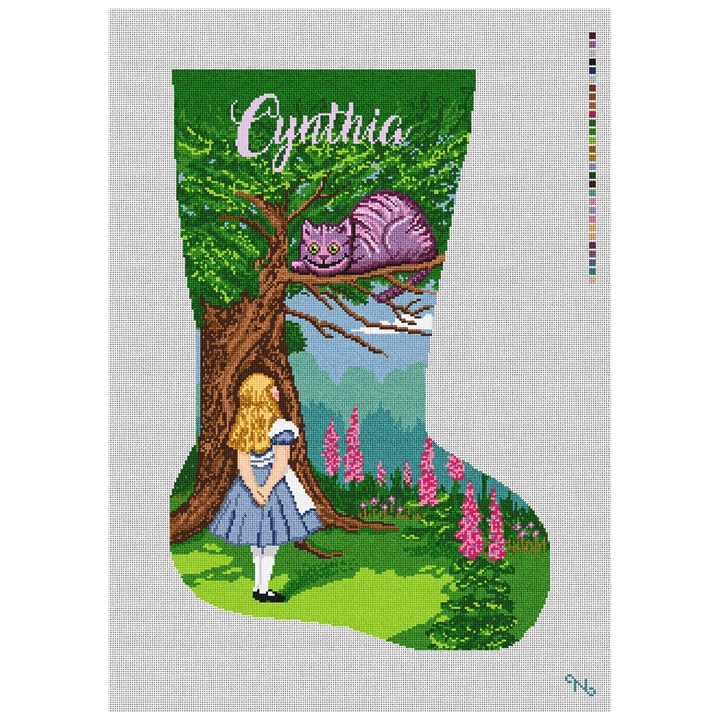 Alice's Cheshire Cat Stocking Needlepoint Kit Stitched Preview