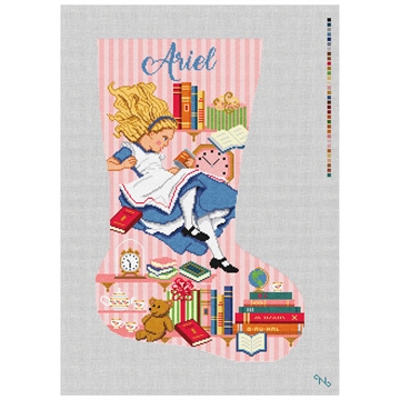 Alice's Rabbit Hole Pink Stocking Needlepoint Kit Stitched Preview