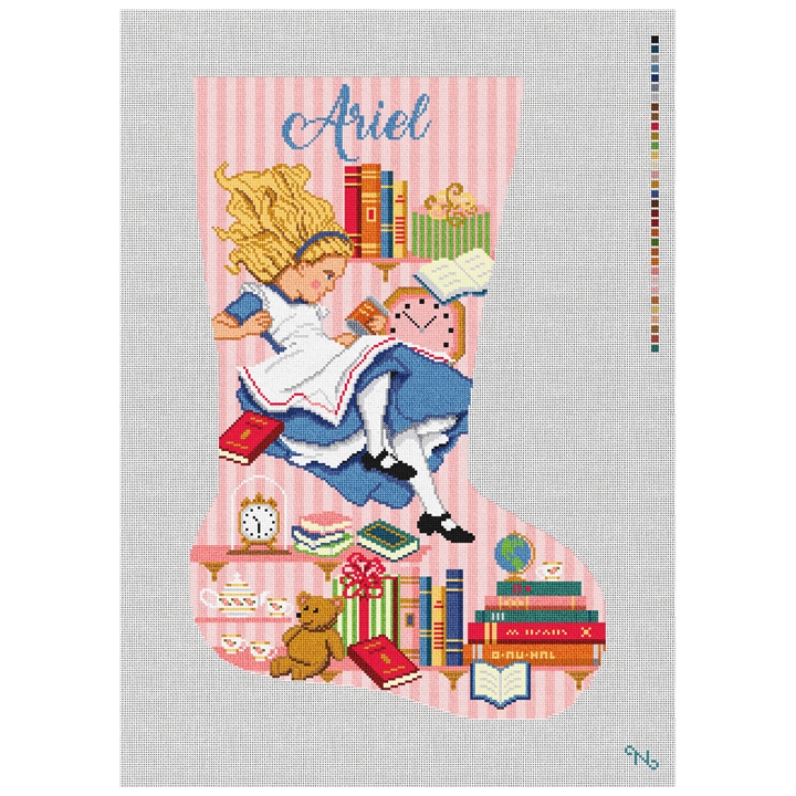 Alice's Rabbit Hole Pink Stocking Needlepoint Kit Stitched Preview