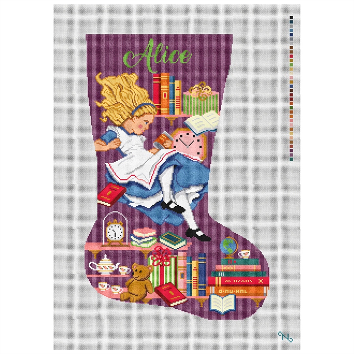 Alice's Rabbit Hole Plum Stocking Needlepoint Kit Stitched Preview