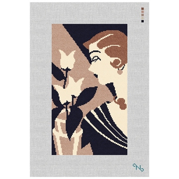 Art Deco Lady with Flowers Needlepoint Kit Stitched Preview