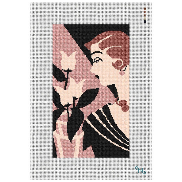Art Deco Lady with Flowers Needlepoint Kit Stitched Preview