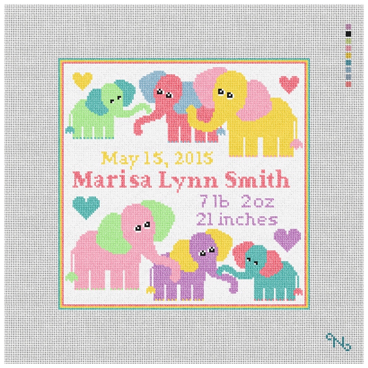 Baby Elephant Birth Announcement Needlepoint Kit Stitched Preview