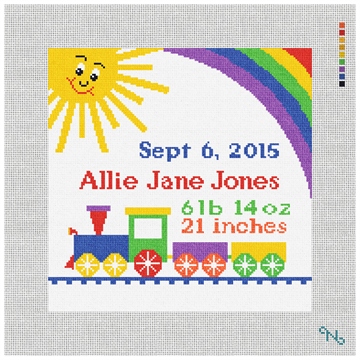 Baby Train Birth Announcement Needlepoint Kit Stitched Preview