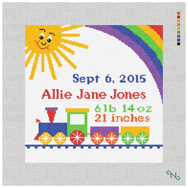 Baby Train Birth Announcement Needlepoint Kit Stitched Preview