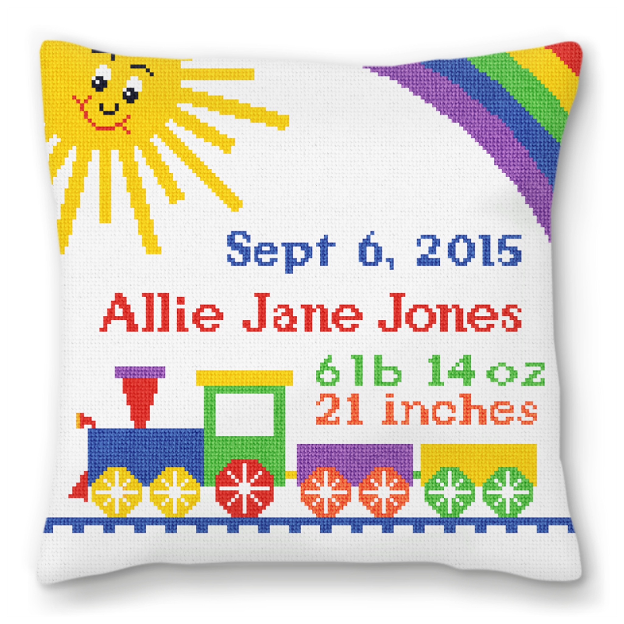 Baby Train Needlepoint Birth Pillow