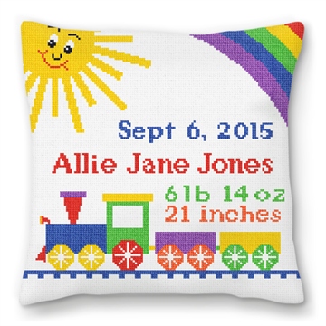 Baby Train Needlepoint Birth Pillow