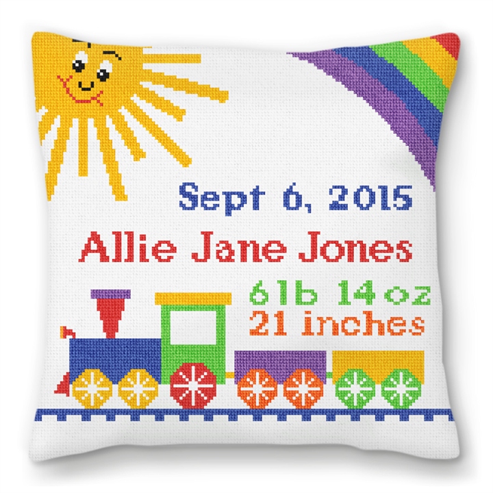 Baby Train Needlepoint Birth Pillow