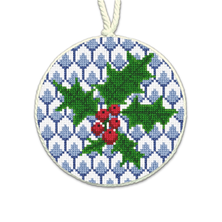 Blue Holly Needlepoint Ornament 