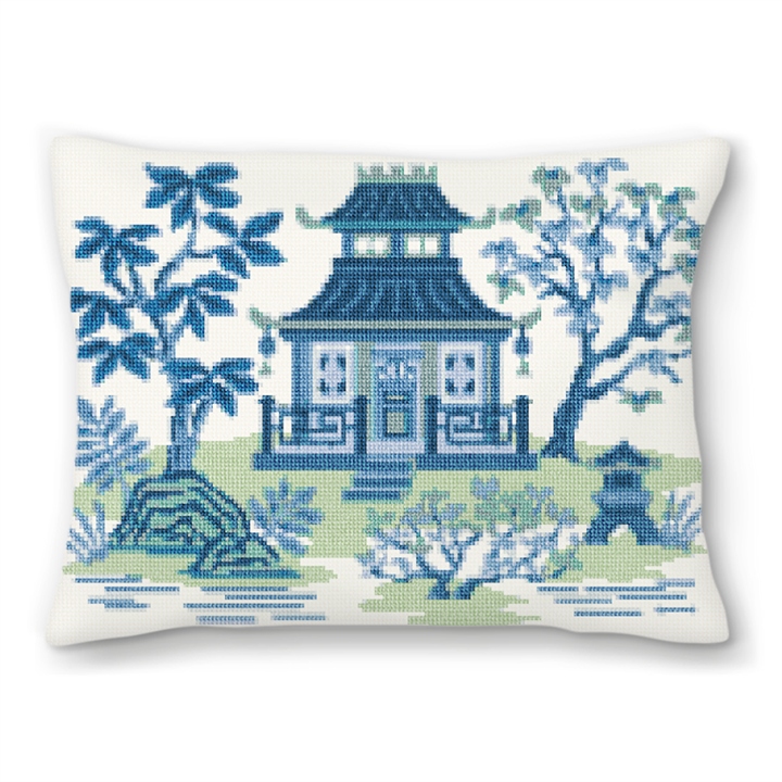 Blue Pagoda Needlepoint Pillow