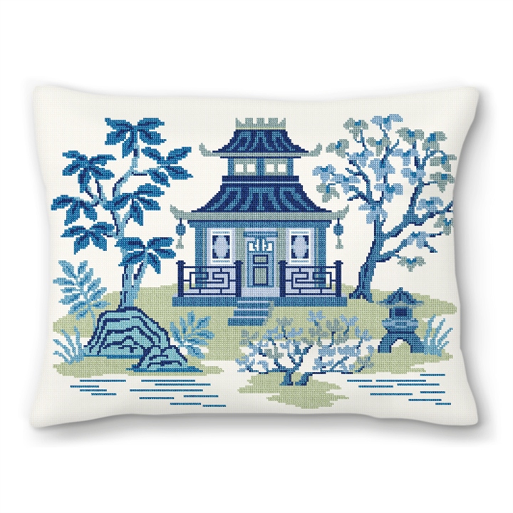 Blue Pagoda Needlepoint Pillow