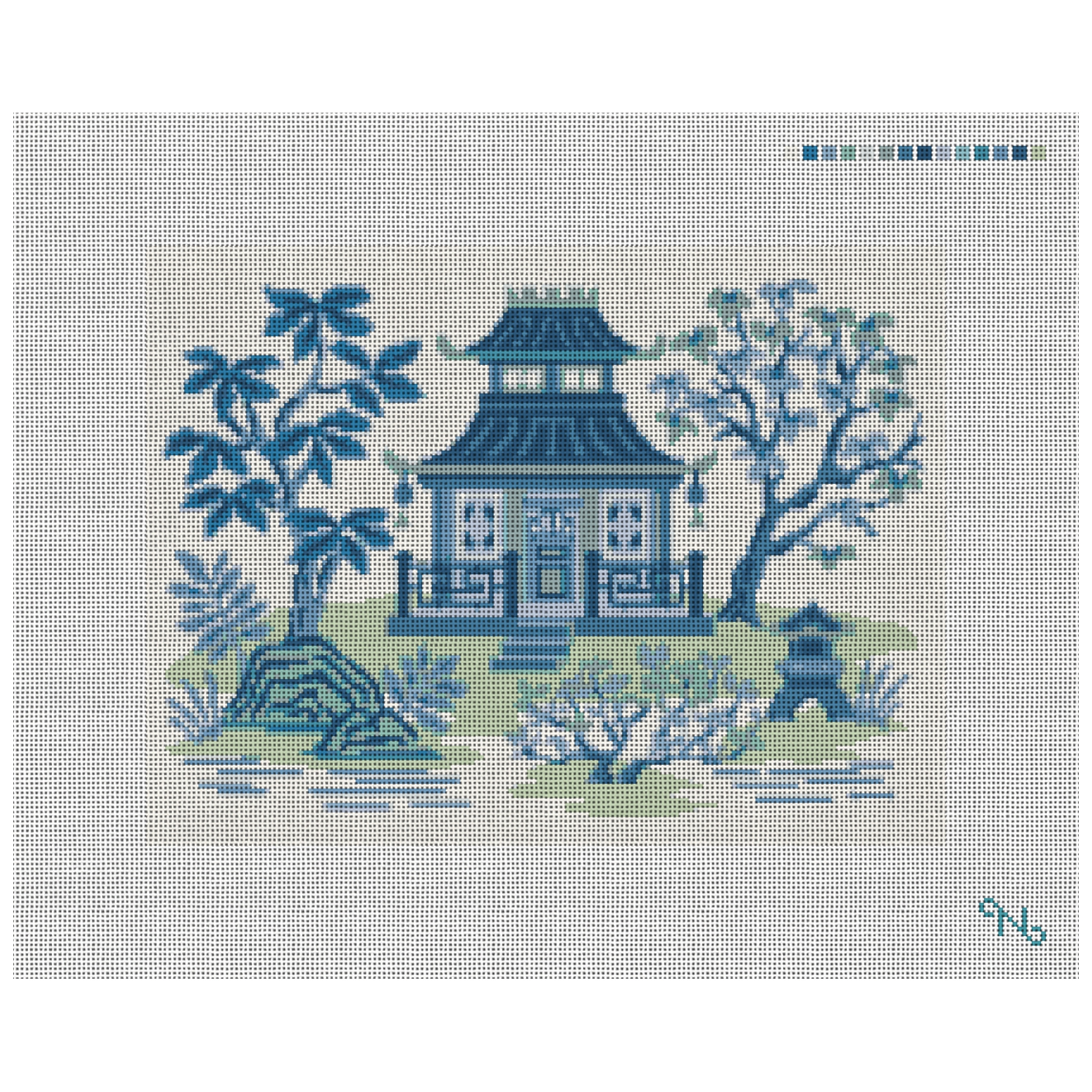 Blue Pagoda Needlepoint Pillow Kit