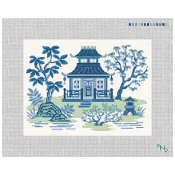 Blue Pagoda Needlepoint Pillow Kit Stitched Preview