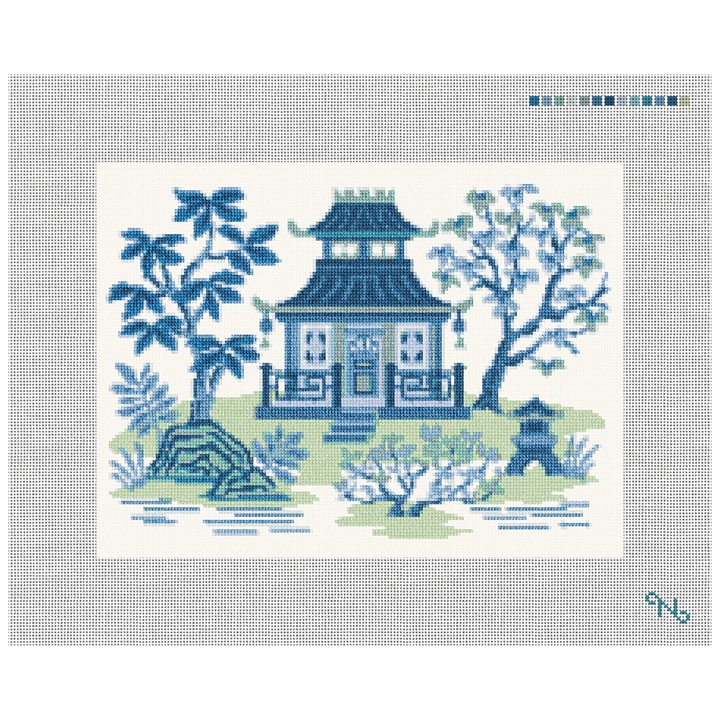 Blue Pagoda Needlepoint Pillow Kit Stitched Preview