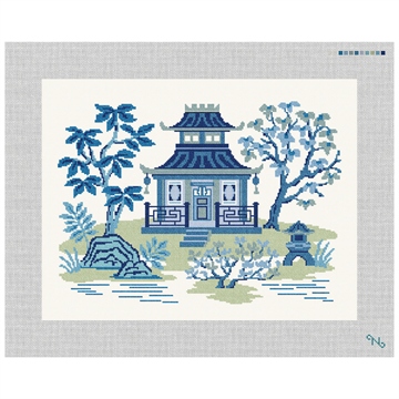Blue Pagoda Needlepoint Pillow Kit Stitched Preview