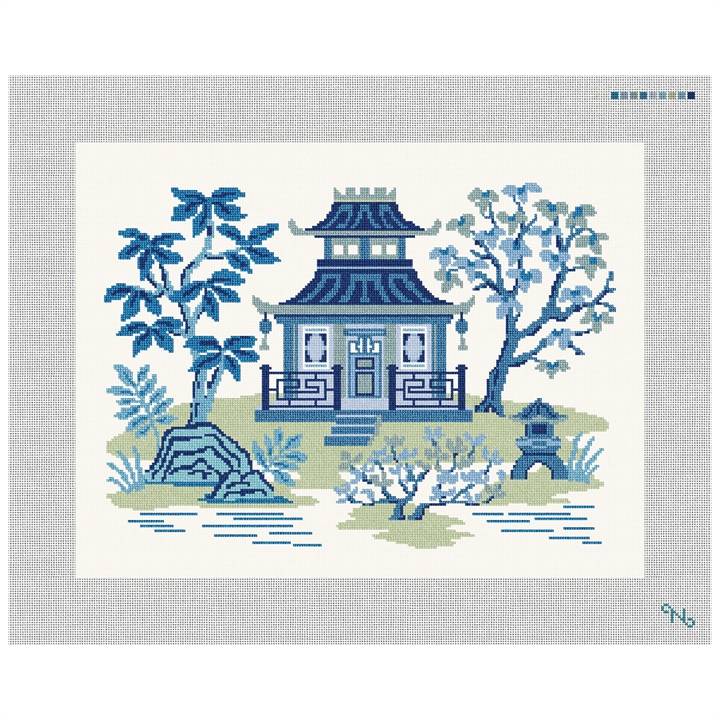 Blue Pagoda Needlepoint Pillow Kit Stitched Preview