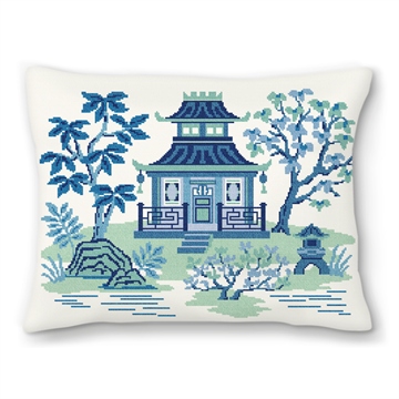 Blue Pagoda Teahouse Needlepoint Pillow