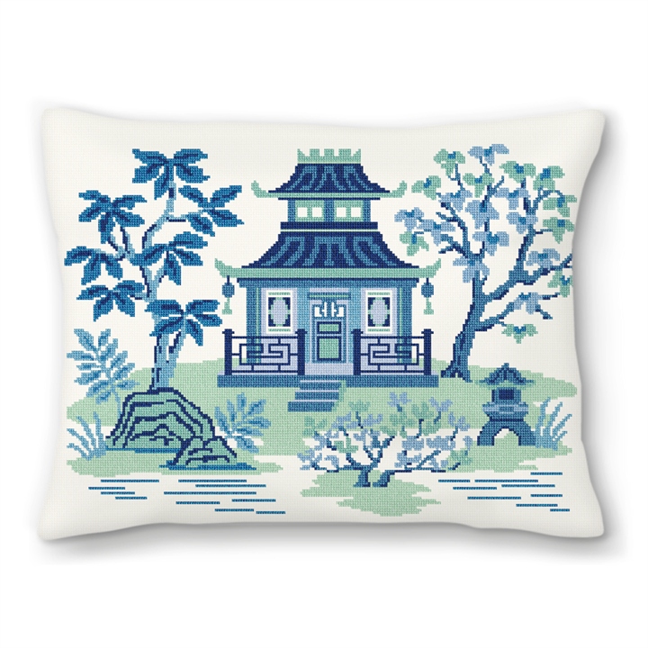 Blue Pagoda Teahouse Needlepoint Pillow