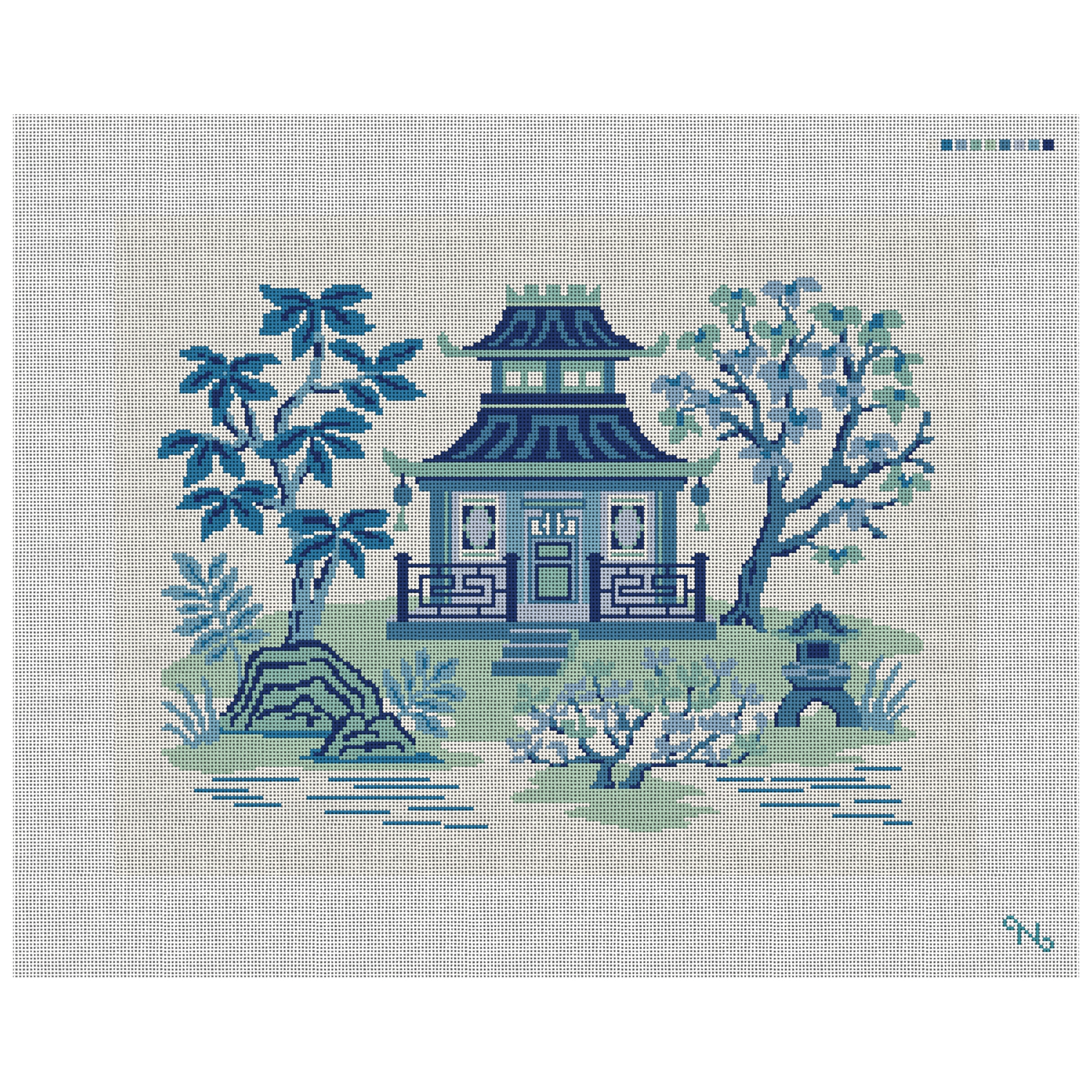 Blue Pagoda Teahouse Needlepoint Pillow Kit