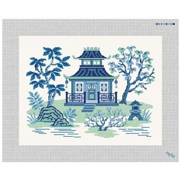Blue Pagoda Teahouse Needlepoint Pillow Kit Stitched Preview