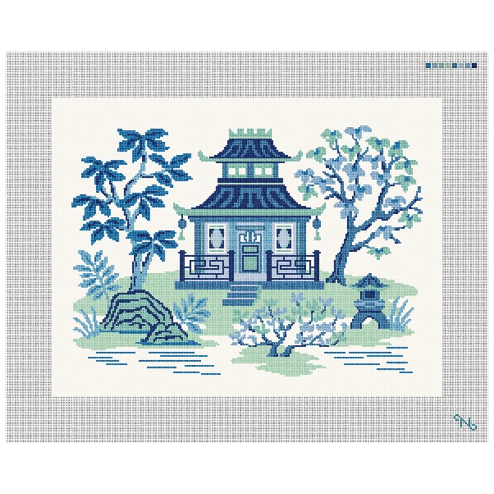 Blue Pagoda Teahouse Needlepoint Pillow Kit Stitched Preview