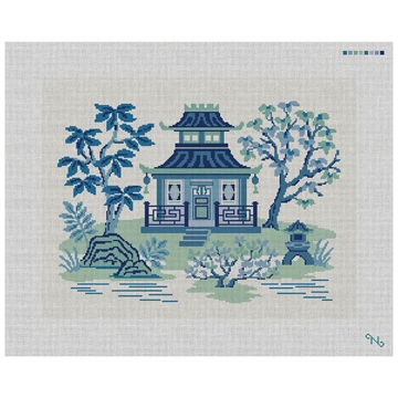 Blue Pagoda Teahouse Needlepoint Pillow Kit