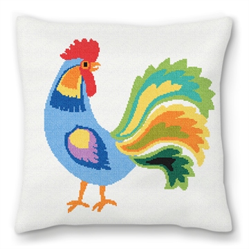 Blue Rooster Needlepoint Pillow