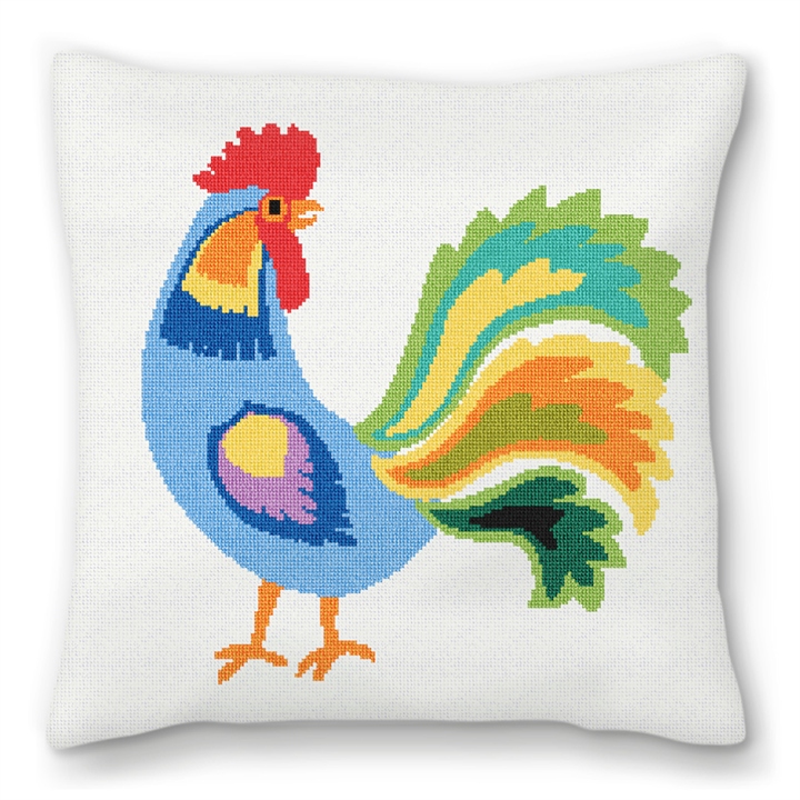 Blue Rooster Needlepoint Pillow