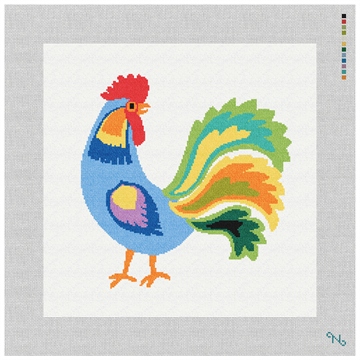 Blue Rooster Needlepoint Pillow Kit Stitched Preview