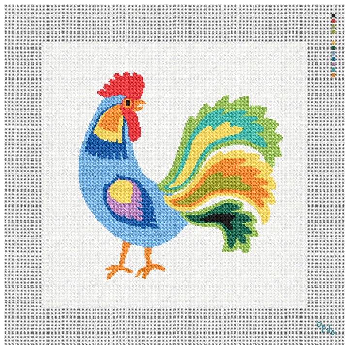 Blue Rooster Needlepoint Pillow Kit Stitched Preview