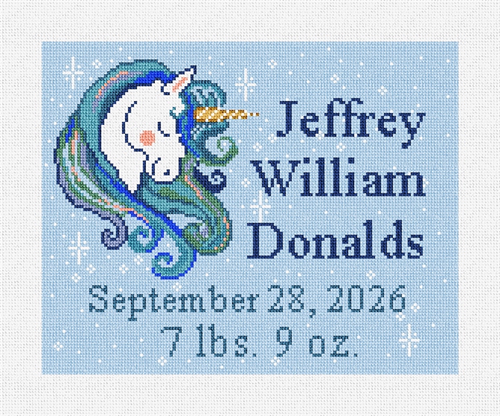 Blue Unicorn Birth Announcement Needlepoint Kit