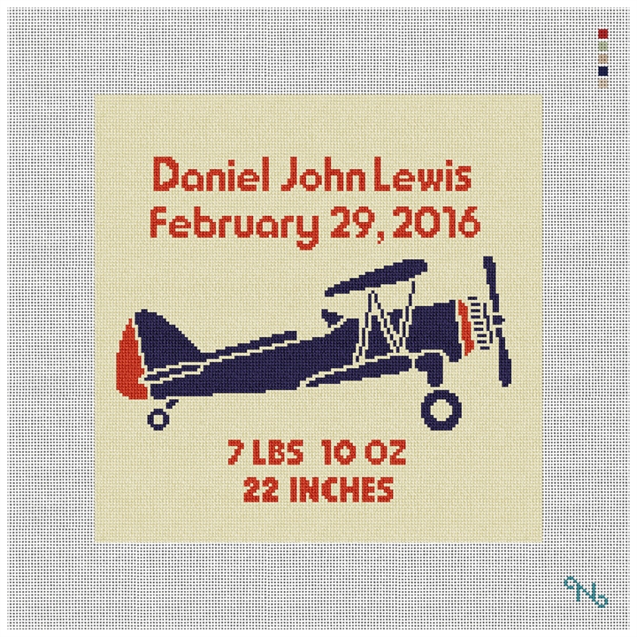 Boys Airplane Announcement Needlepoint Kit Stitched Preview