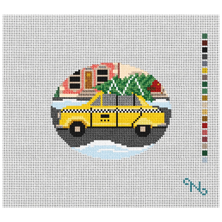City Christmas Taxi Needlepoint Ornament Kit Stitched Preview