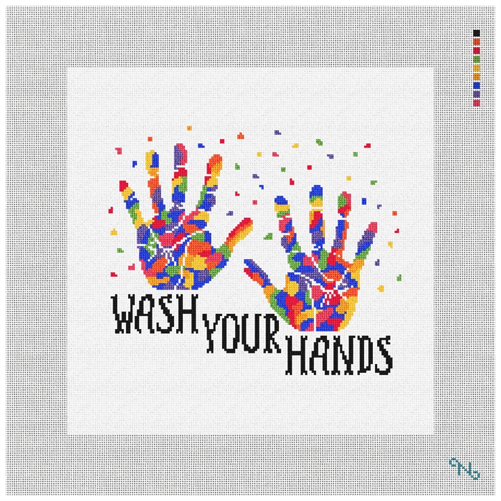 Clean Your Hands Needlepoint Pillow Kit Stitched Preview