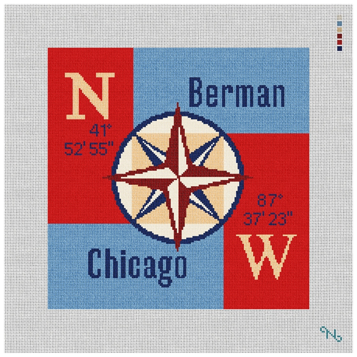 Compass Rose Needlepoint Pillow Kit Stitched Preview