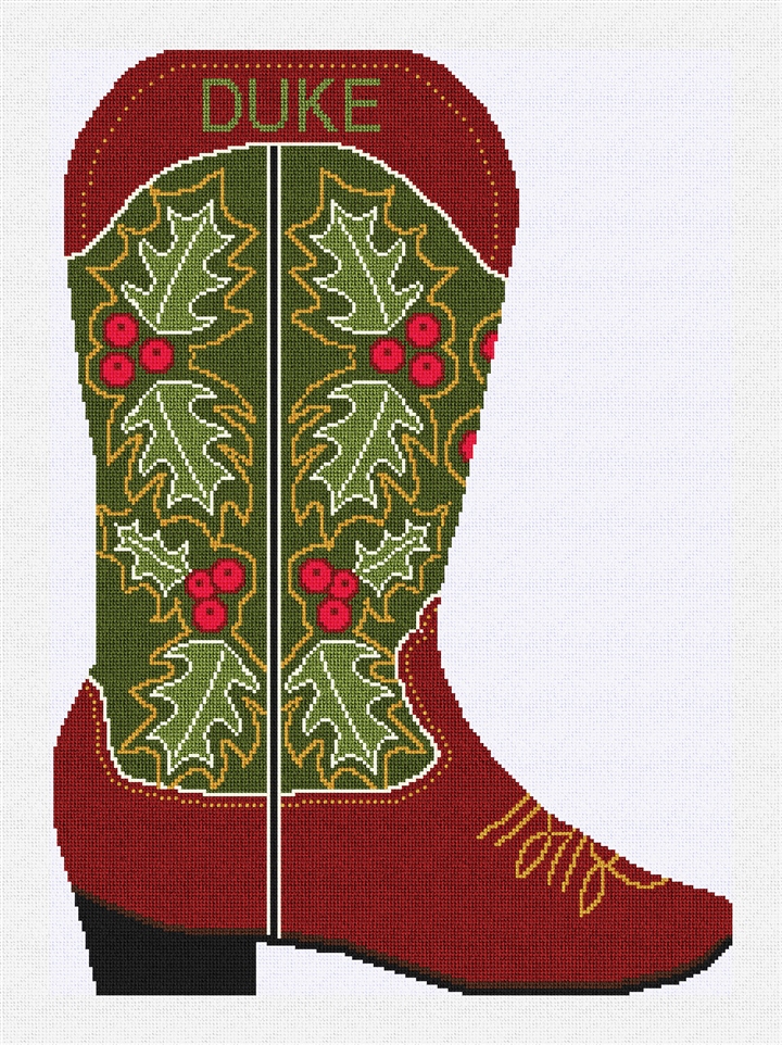 Cowboy Boot Holly Stocking Needlepoint Kit