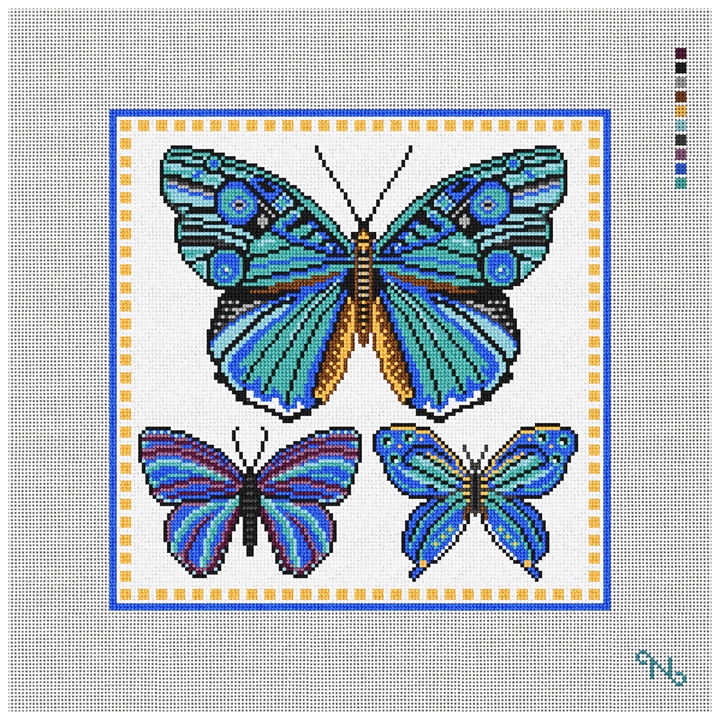 Delicate Butterflies Blue Needlepoint Pillow Kit Stitched Preview
