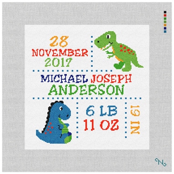 Dinosaur Birth Announcement Needlepoint Kit Stitched Preview